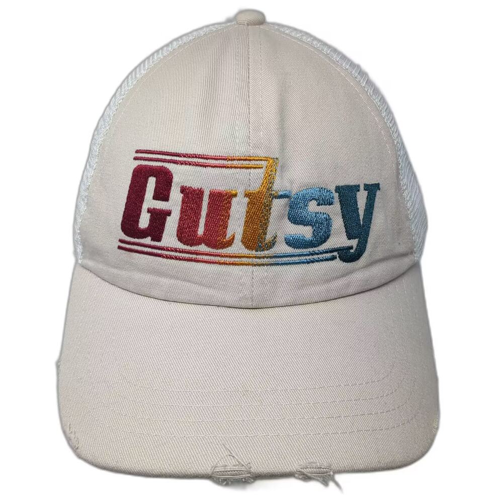 Idyllwind Trucker Hat Beige White Snapback OS Gutsy Embroidered Distressed